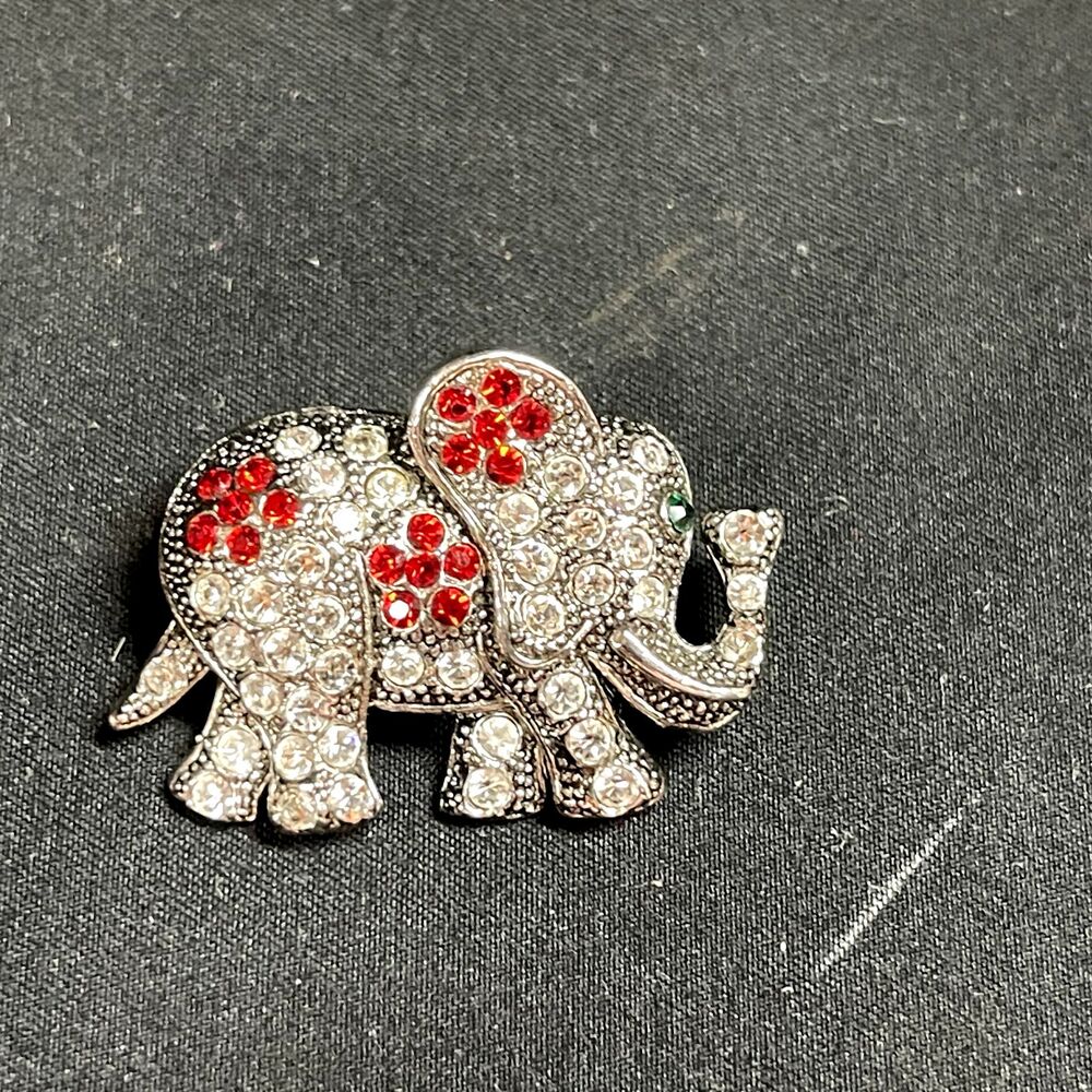 Elephant Brooch Red Clear Rhinestones Small Cute Fun